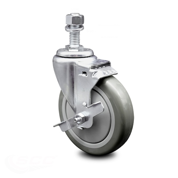 5 Inch Gray Polyurethane Wheel Swivel 12mm Threaded Stem Caster with Brake